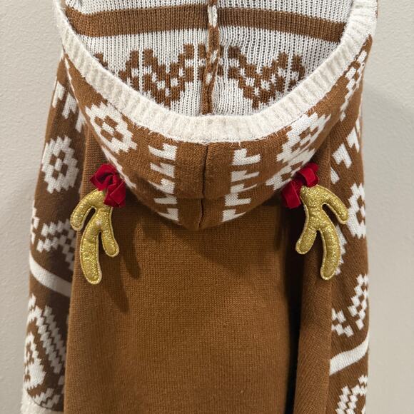 Reindeer Holiday Sweater Poncho Women Medium Ugly Xmas Antler Hood Sequin Bow - Picture 3 of 9